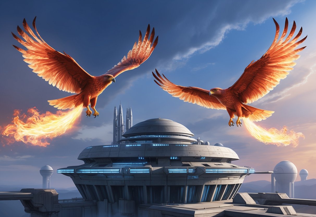 Fire hawks soaring above a futuristic research facility with flames emanating from their wings