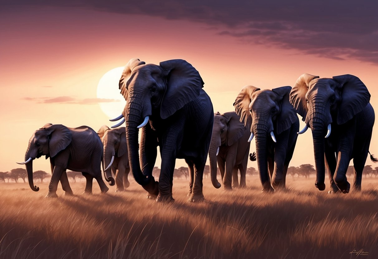 A herd of wild elephants roam the savanna, their majestic figures silhouetted against the setting sun