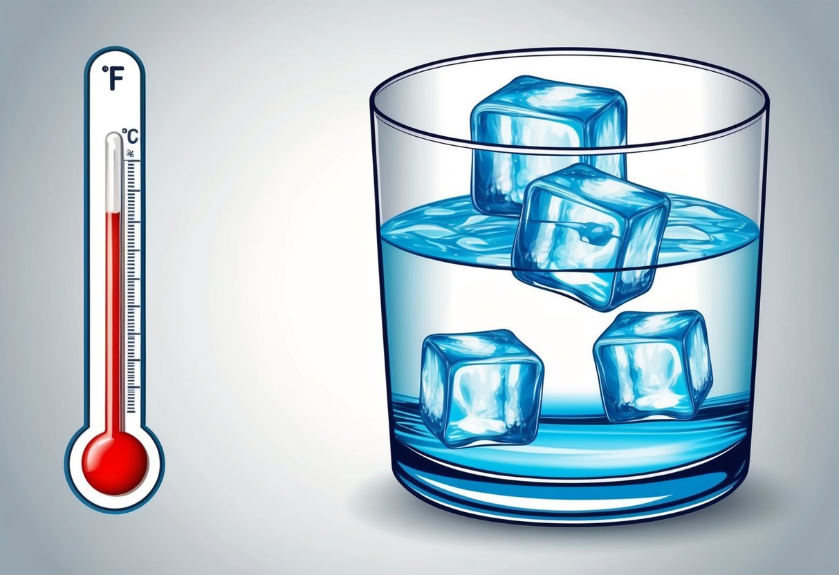 A glass of water with ice cubes floating and a thermometer showing the freezing point temperature