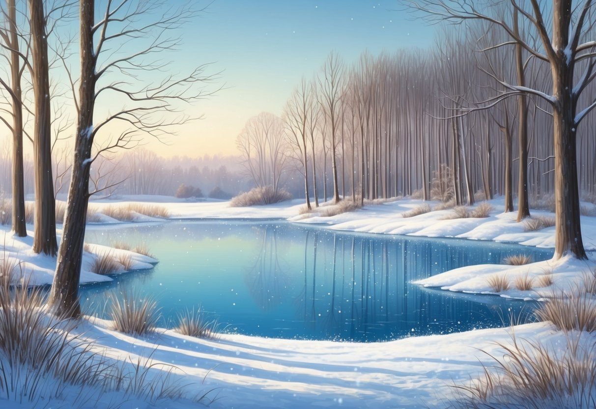 A serene winter landscape with a frozen pond, bare trees, and a light dusting of snow on the ground