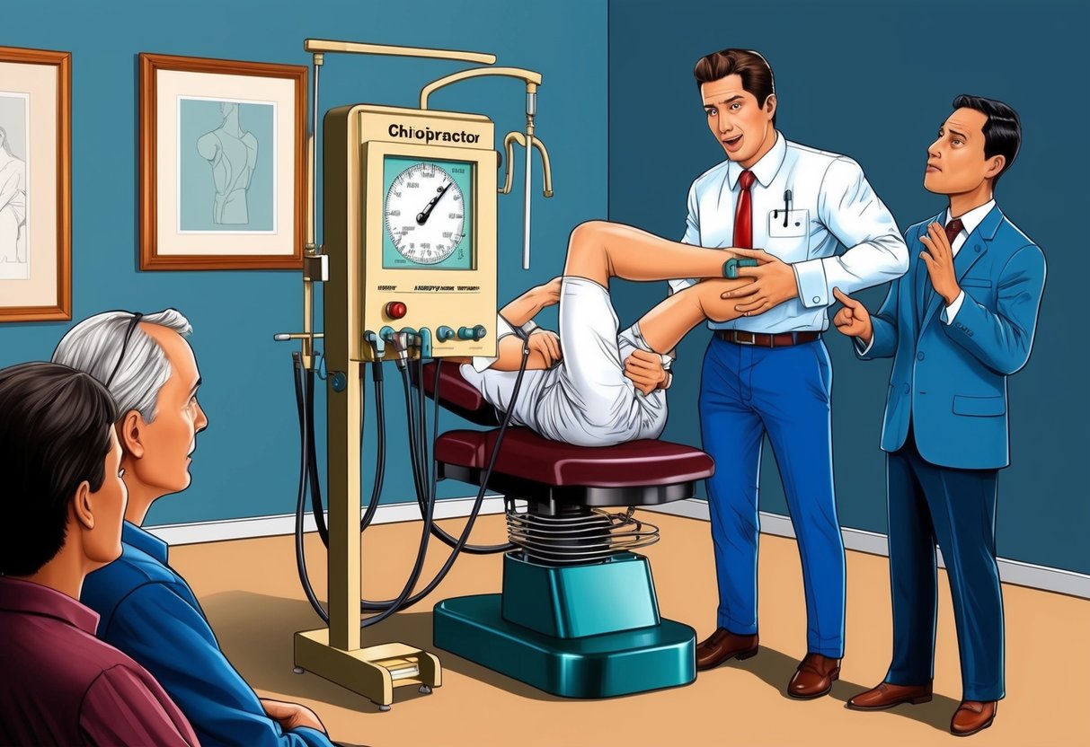 A chiropractor using outdated equipment, making exaggerated claims to a skeptical audience