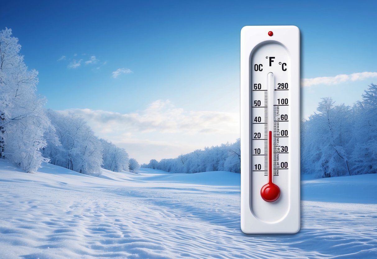 A snow-covered landscape with a thermometer showing the freezing point of water at 0 degrees Celsius