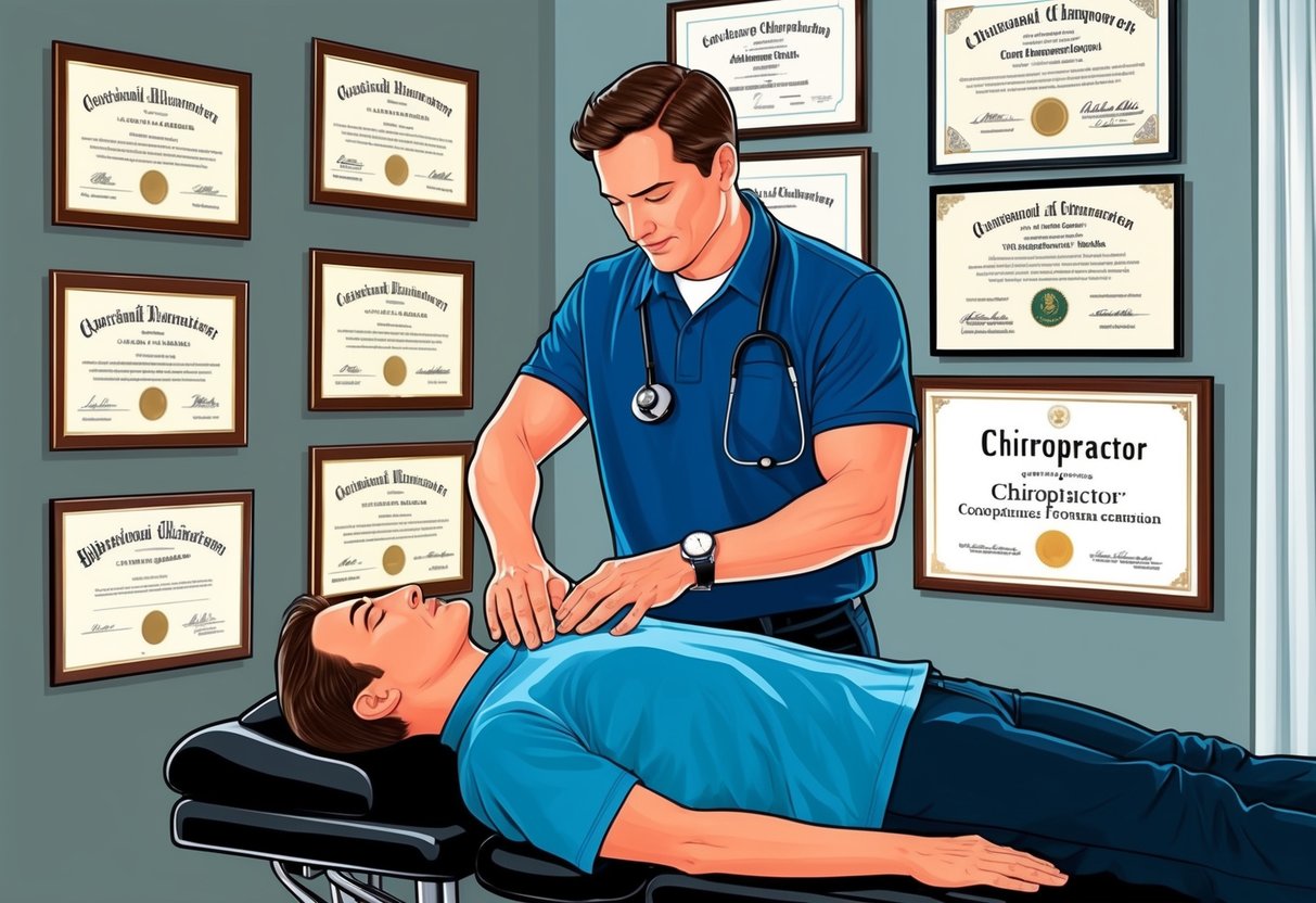 A chiropractor with a questionable reputation performs an adjustment on a patient, surrounded by diplomas and licensing certificates on the wall