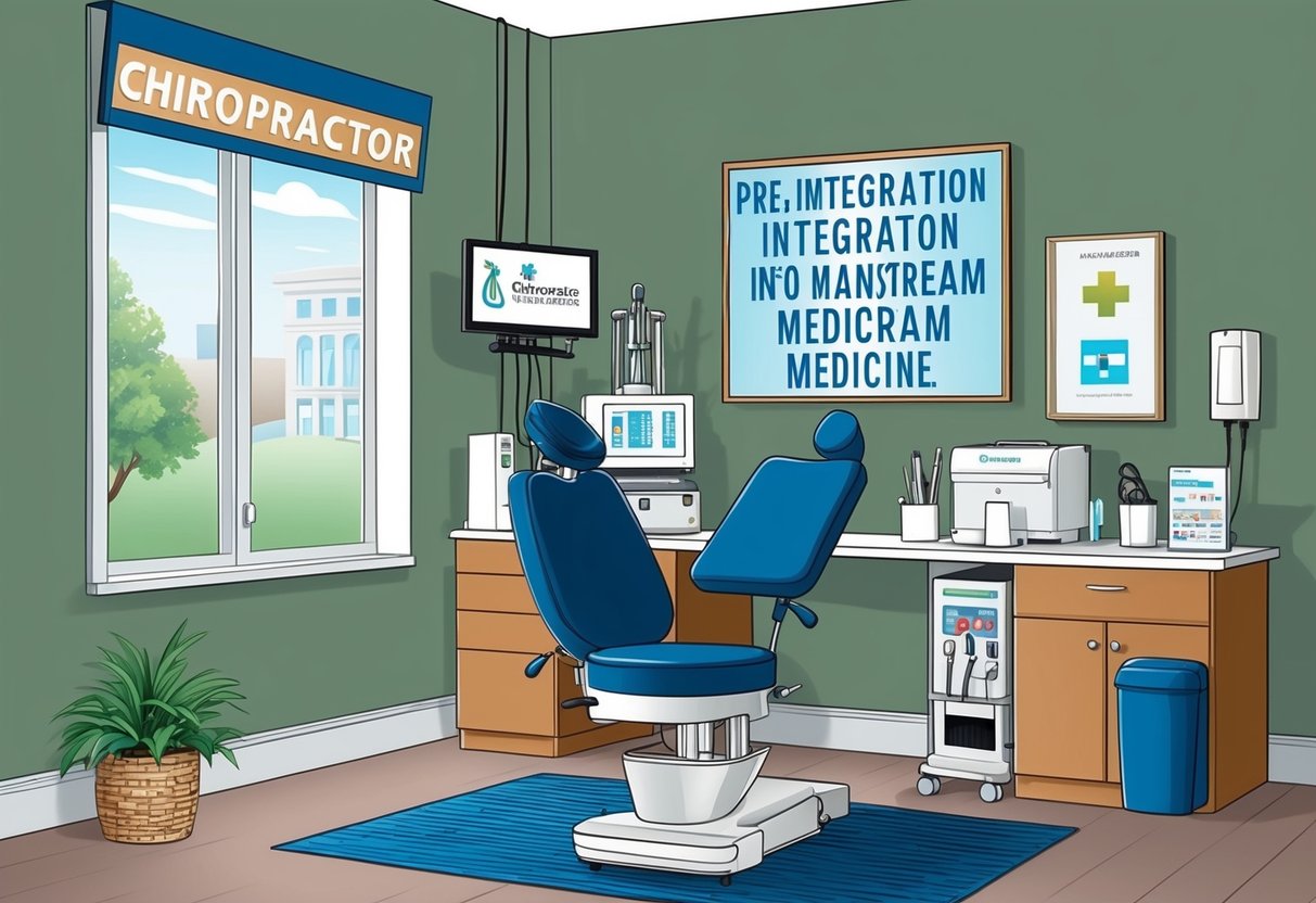 A chiropractor's office with modern medical equipment and a sign promoting integration into mainstream medicine