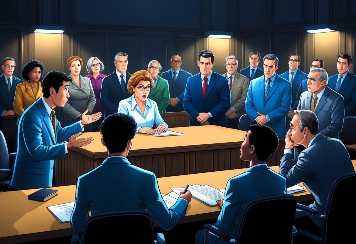 A dimly lit courtroom with a witness stand and a group of skeptical jurors.</p><p>An anxious witness struggles to recall details under intense questioning