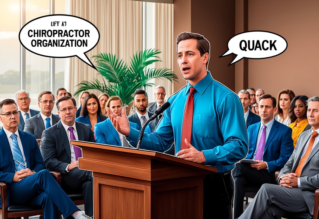 A chiropractor speaking at a professional organization, labeled a quack by attendees