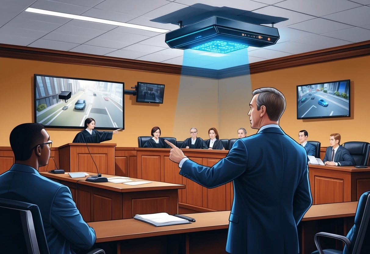 A courtroom with a witness pointing to a high-tech surveillance system capturing a crime scene