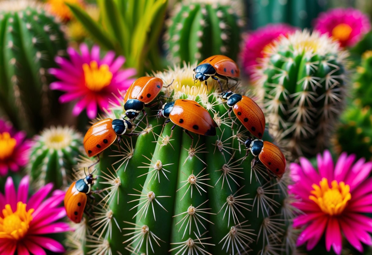 A group of cochineal bugs crawling on a cactus, surrounded by vibrant flowers and plants