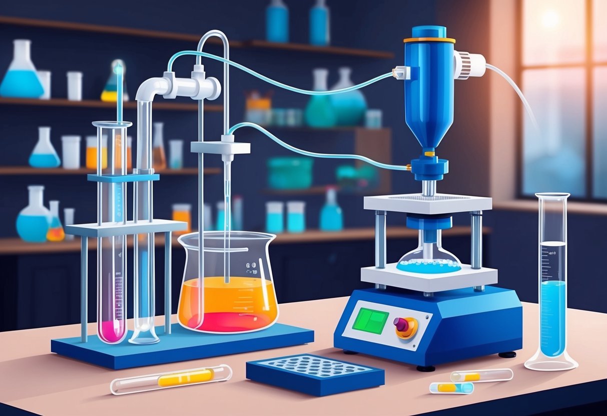 A laboratory with beakers, test tubes, and scientific equipment.</p><p>A machine synthesizing and producing a substance