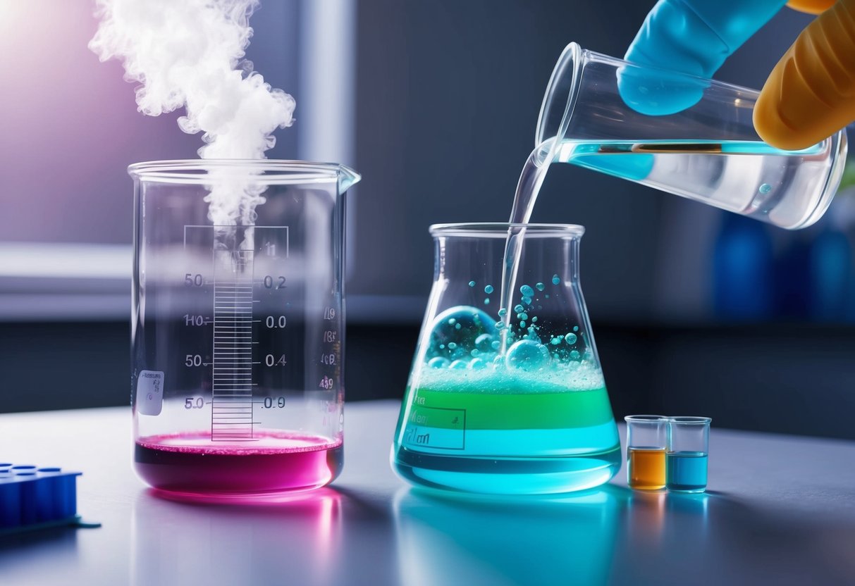 A beaker of foof reacts with a bubbling, colorful chemical mixture in a laboratory setting