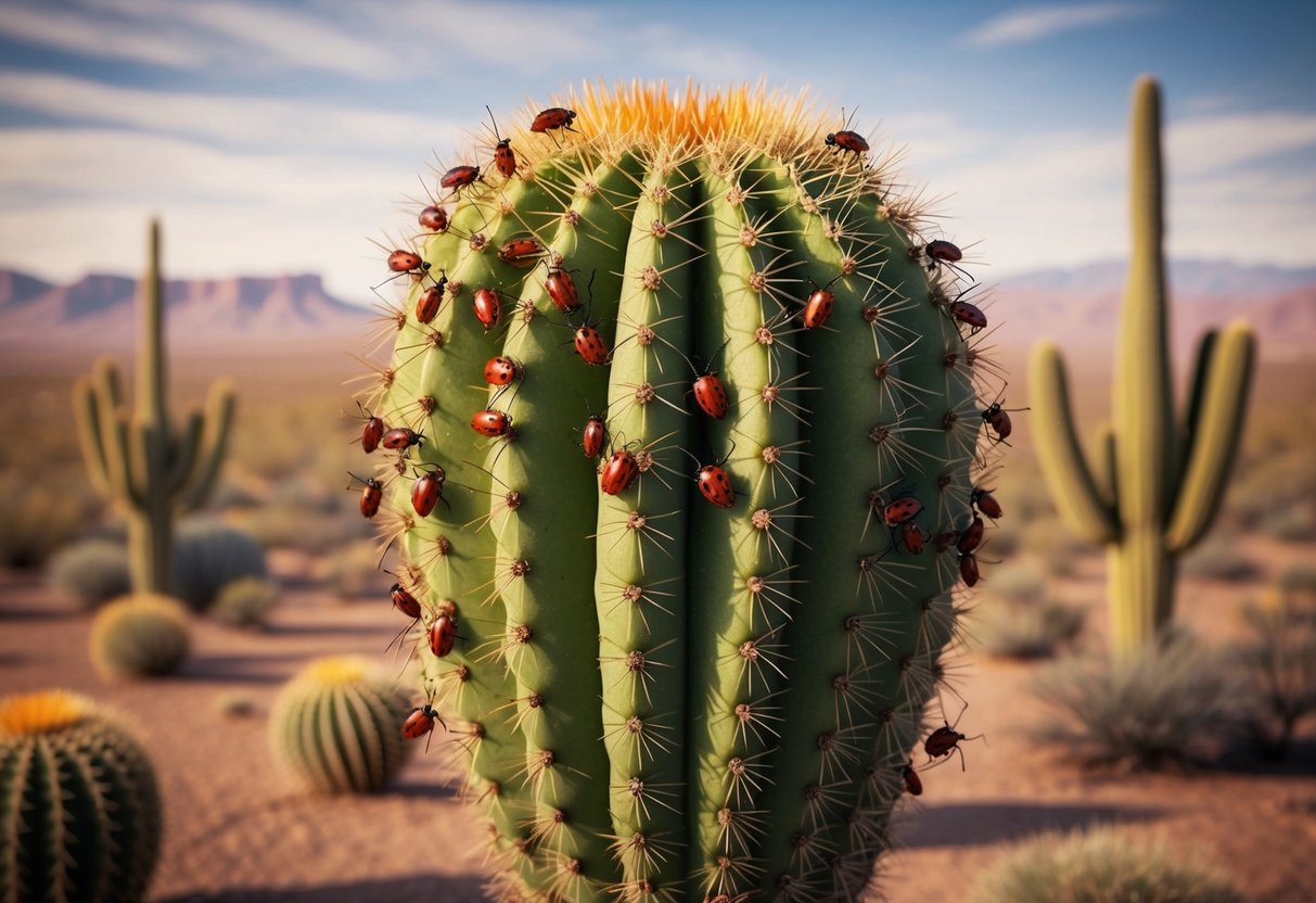 Cochineal bugs infest a prickly pear cactus in a vast desert landscape