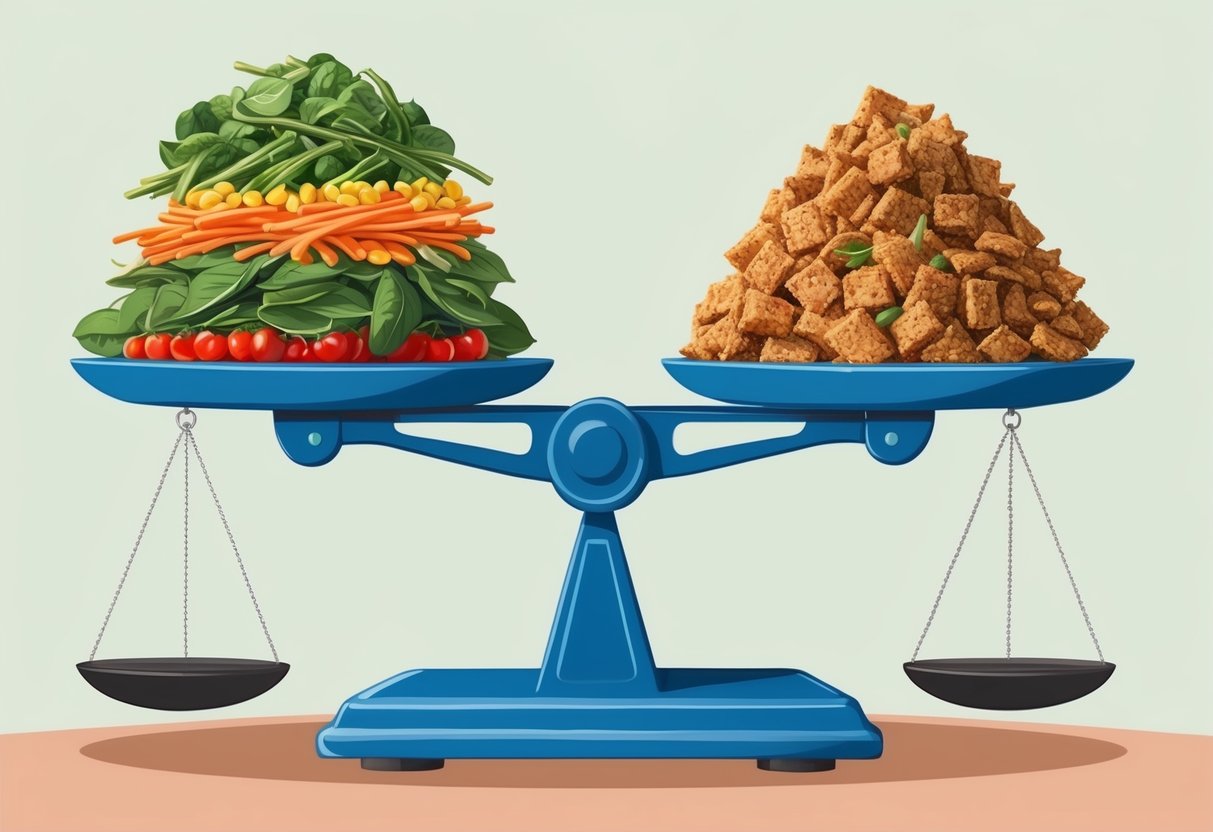 A scale with two different piles of food, one healthy and one unhealthy, being weighed against each other