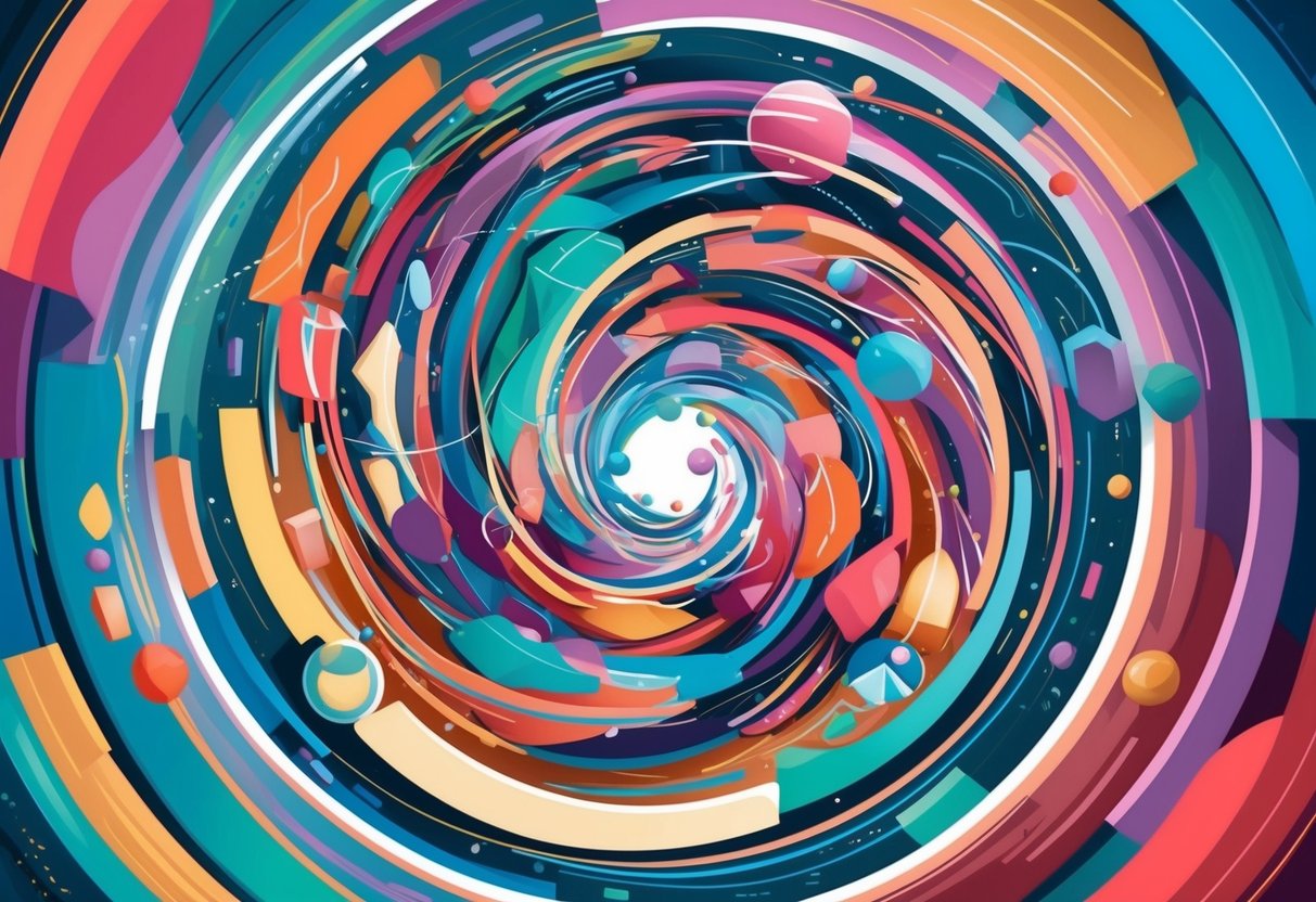 A colorful swirl of abstract shapes and lines, representing various theoretical perspectives merging and diverging