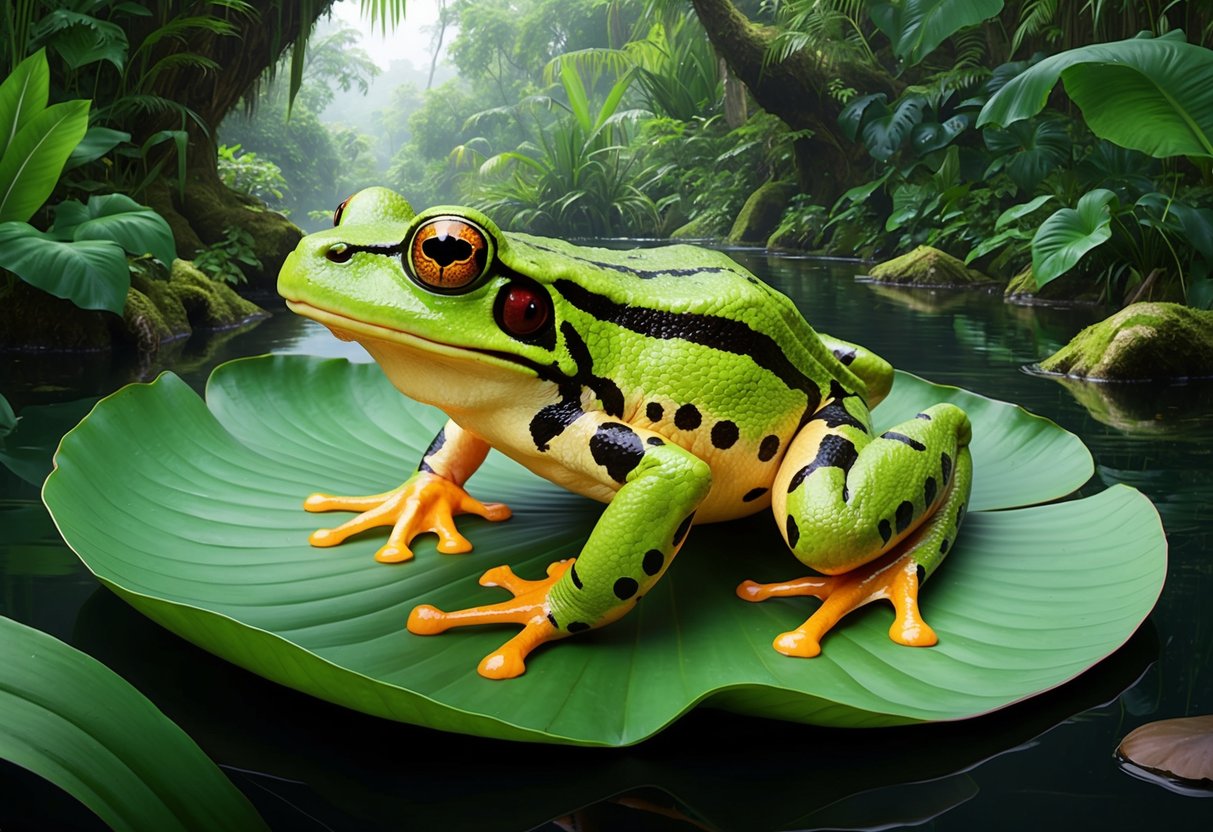 A goliath frog sitting on a large lily pad in a lush, tropical rainforest