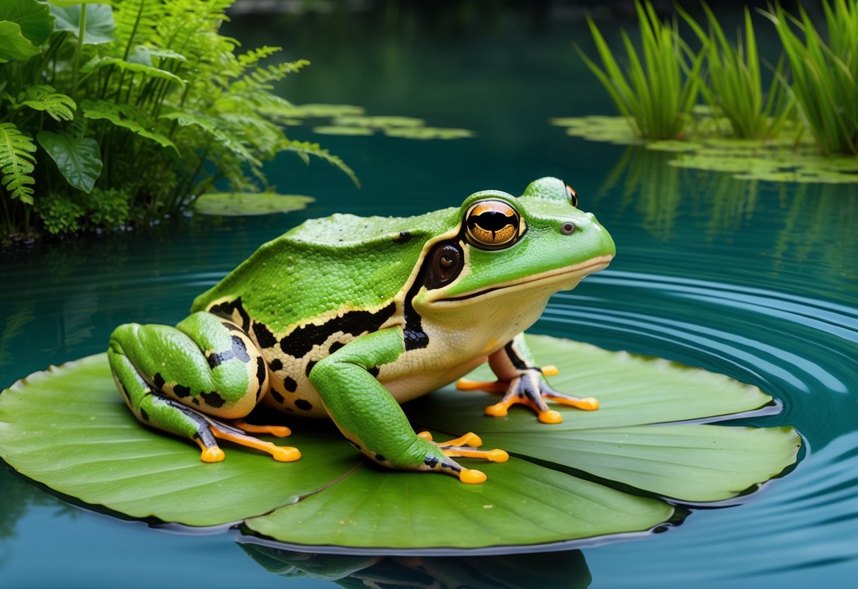 A large goliath frog resting on a lily pad in a tranquil pond, surrounded by lush green vegetation and gently rippling water