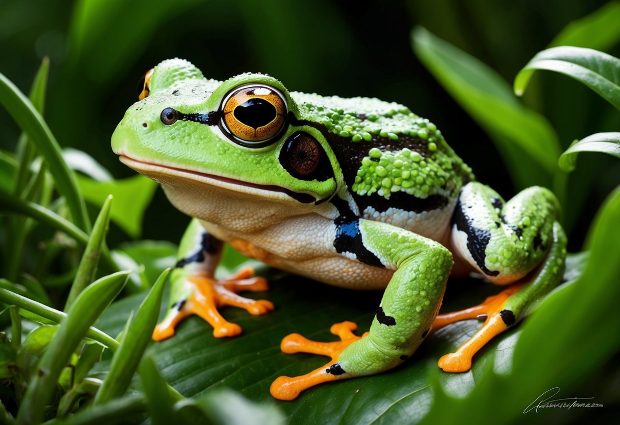 A goliath frog camouflaged among lush green vegetation, its large eyes scanning for prey