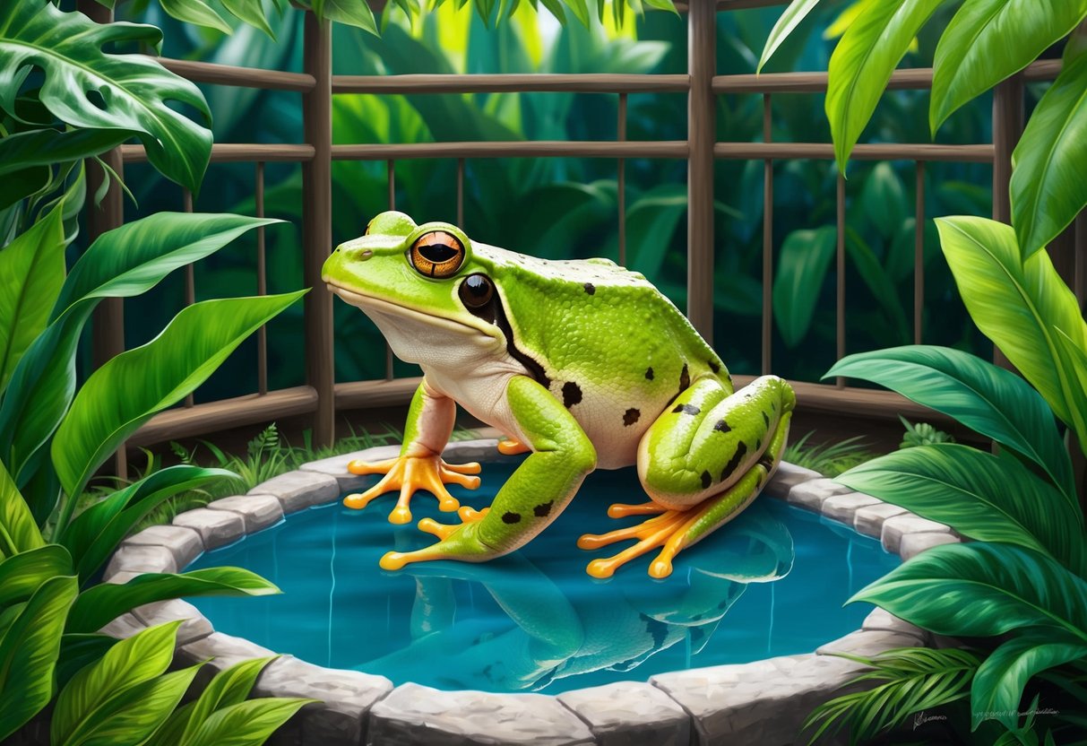 A goliath frog sits in a lush, tropical enclosure, surrounded by vibrant green foliage and a small pool of clear water