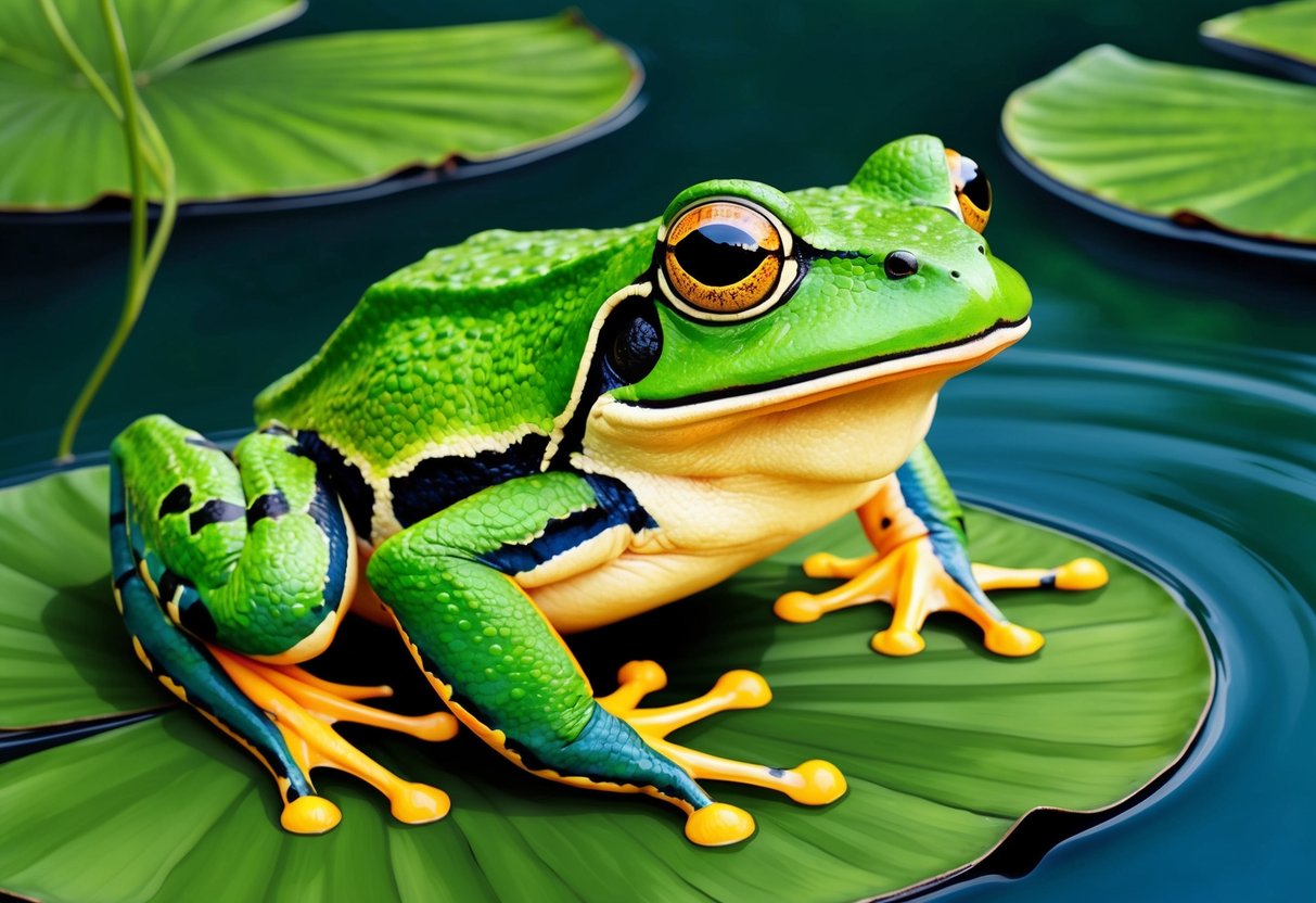 A goliath frog perched on a lily pad, its vibrant green skin contrasting with the calm water of a pond.</p><p>Its large eyes survey the surroundings