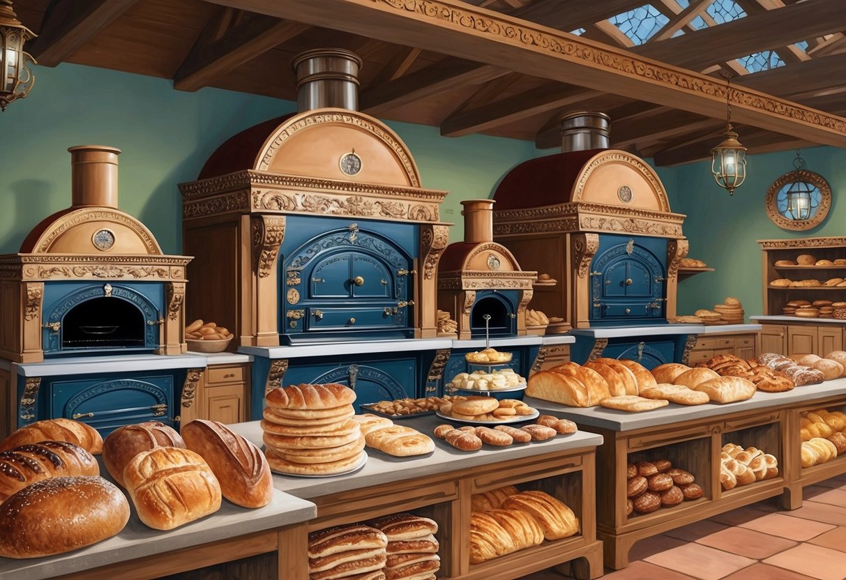 A bustling Renaissance-era bakery with ornate ovens and a variety of breads and pastries on display