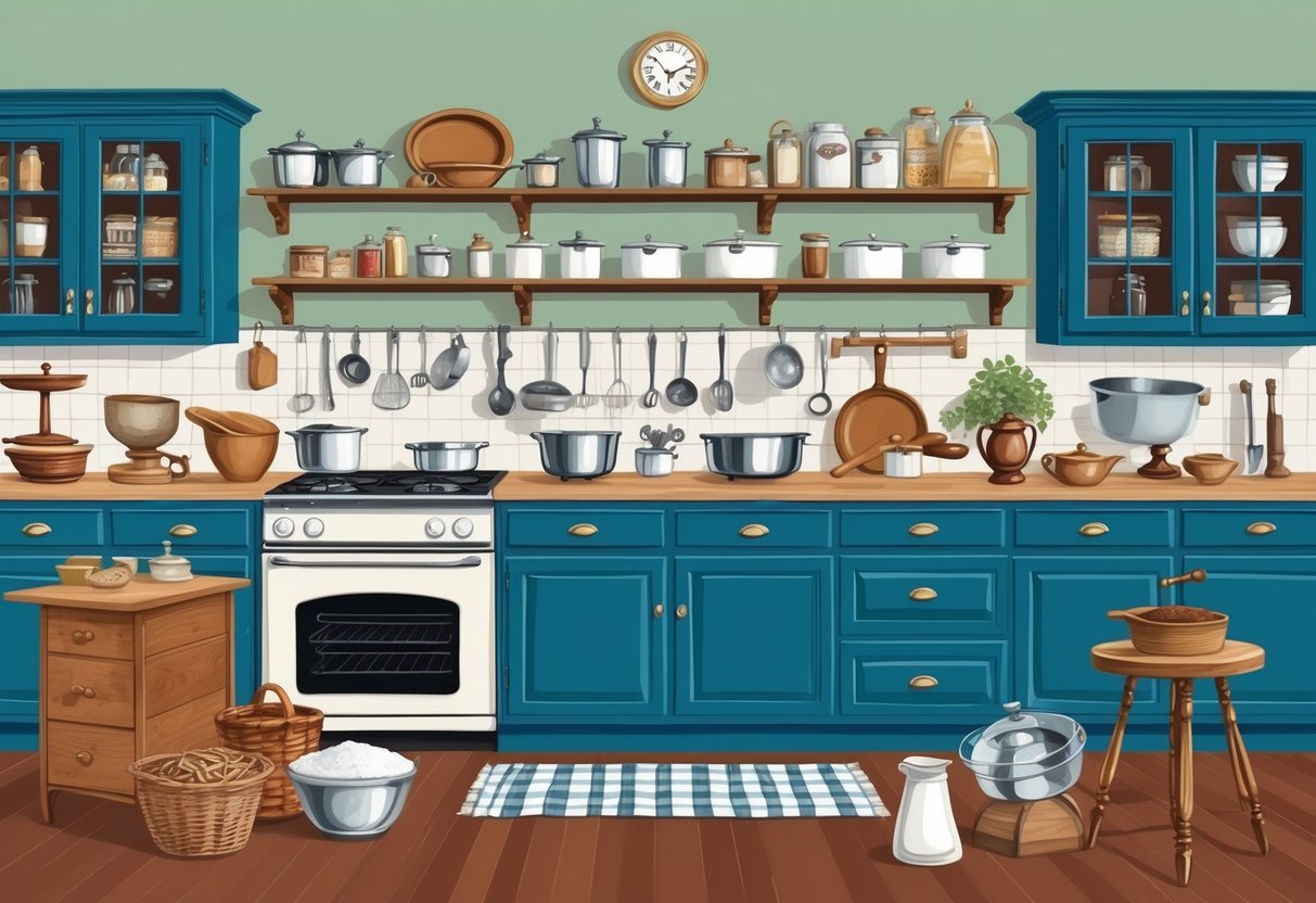 A traditional kitchen filled with vintage baking tools and ingredients, showcasing the cultural significance and history of baking