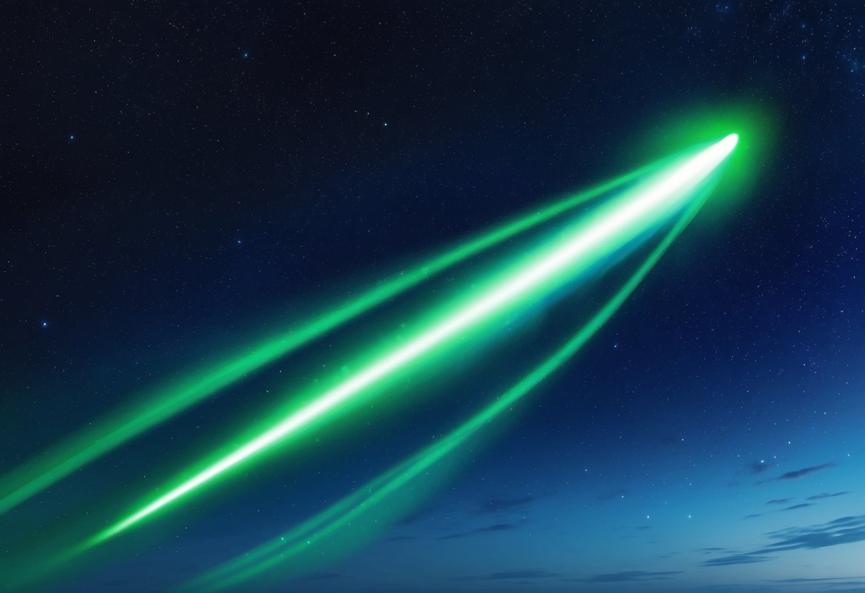 A green comet streaks across a starry night sky, illuminating the darkness with its ethereal glow