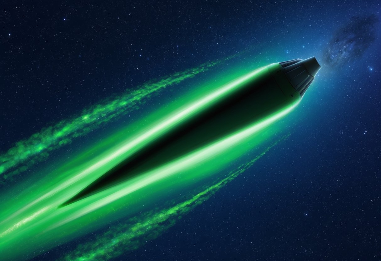 A bright green comet streaks through the starry night sky, leaving a trail of glowing dust as it follows its orbital path in 2024