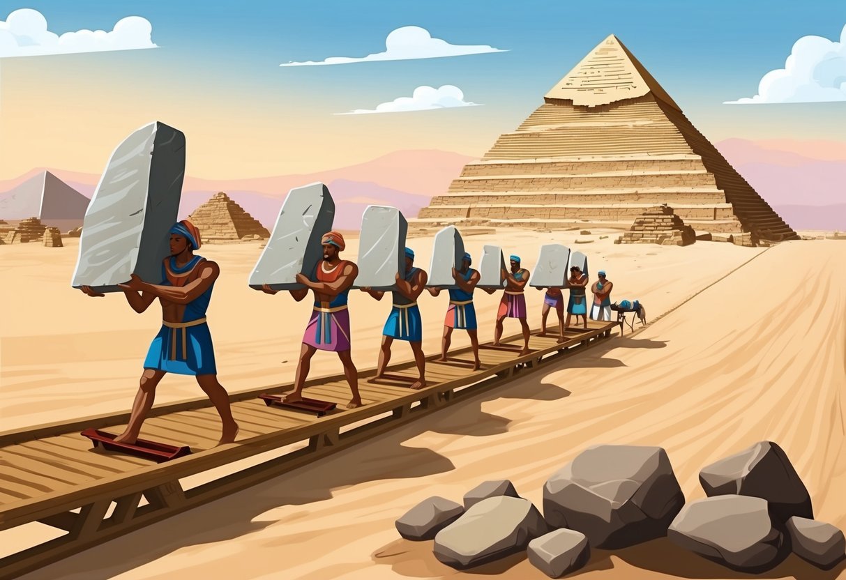 A group of workers transport large stones using sledges and ramps to construct the ancient Egyptian pyramids