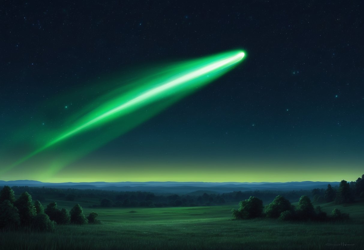 A dark, starry sky with a glowing green comet streaking across the horizon, illuminating the surrounding landscape with its eerie light