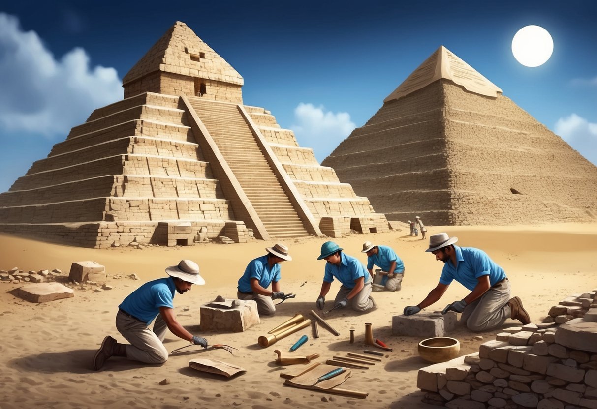 An archaeological team uncovers ancient tools and artifacts near the base of the pyramids, shedding light on the labor force behind their construction