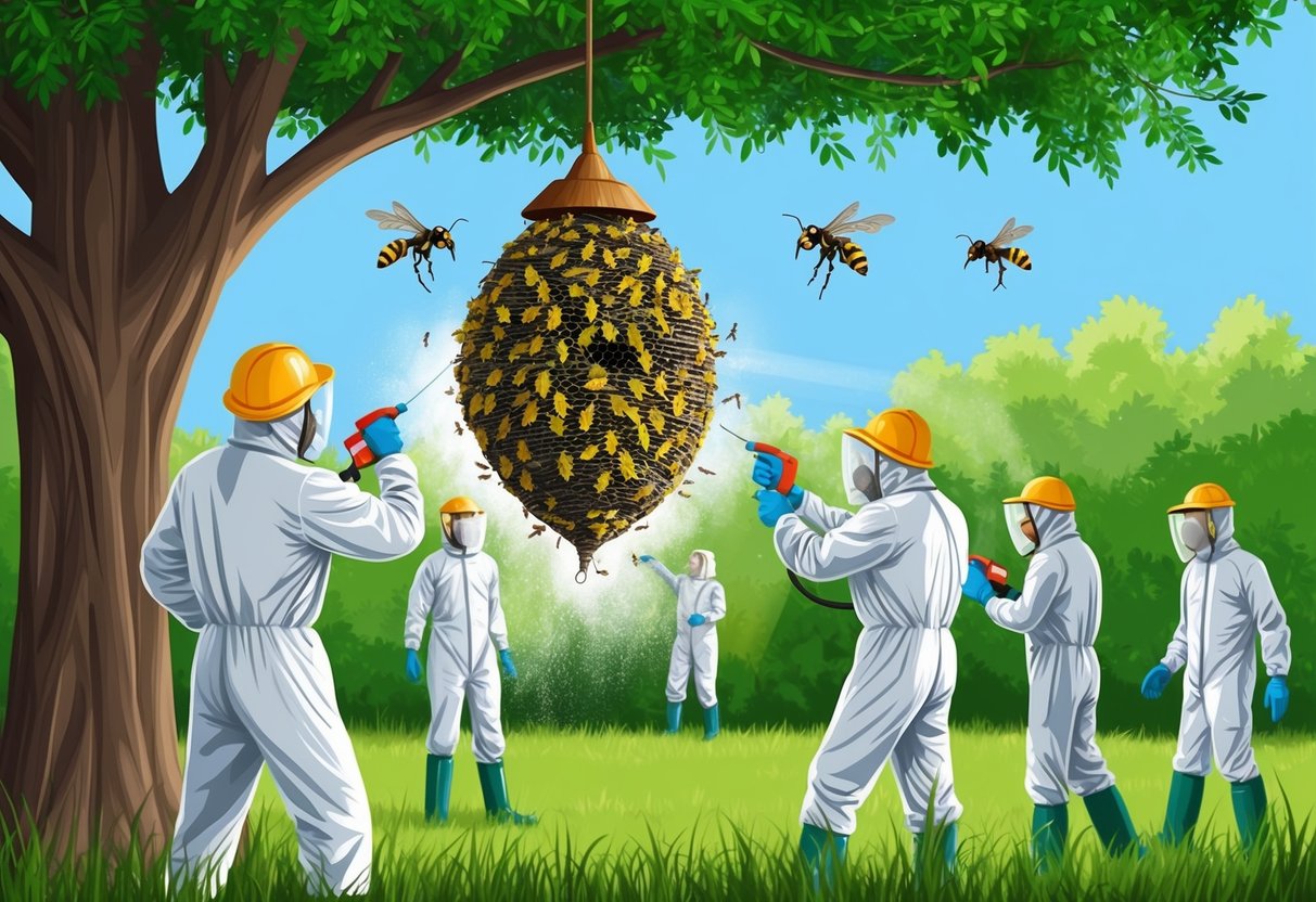 A hornet nest hangs from a tree, surrounded by a group of people in protective gear spraying it with insecticide