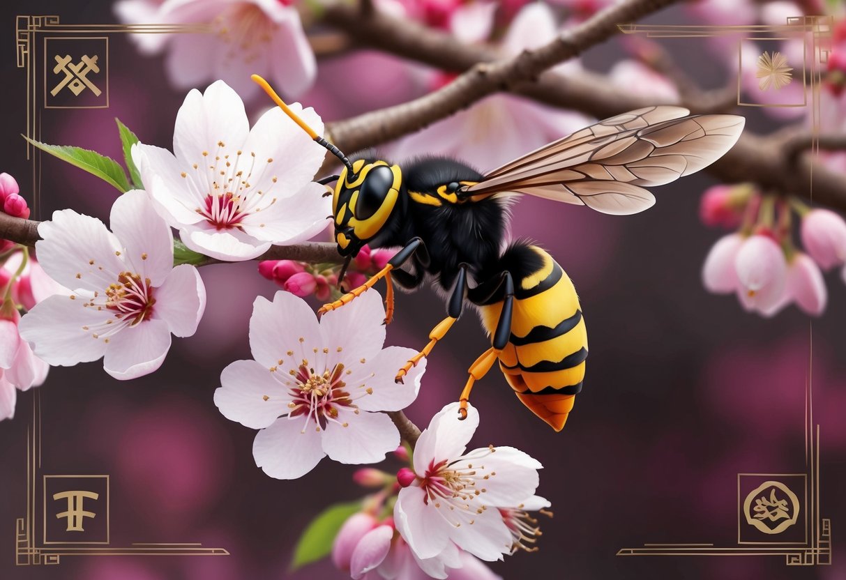 A hornet perched on a blooming cherry blossom branch, surrounded by symbols of cultural significance