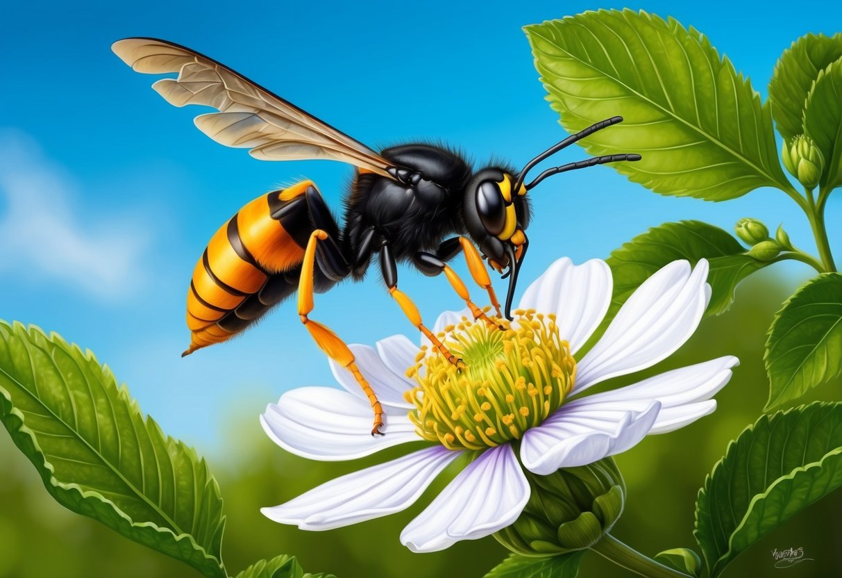 A hornet perched on a blooming flower, surrounded by lush green foliage, with a backdrop of a clear blue sky