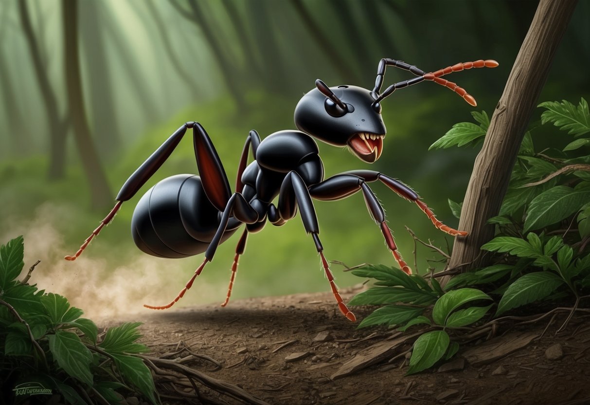 A dracula ant sprinting at record-breaking speed through the forest underbrush