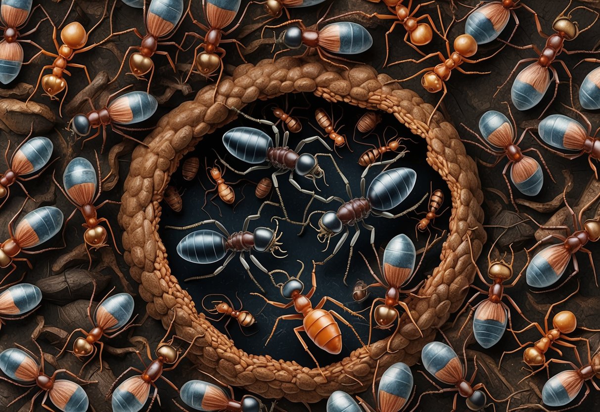 A colony of dracula ants forms a complex social structure within their nesting grounds, with workers and soldiers diligently tending to the queen and her offspring