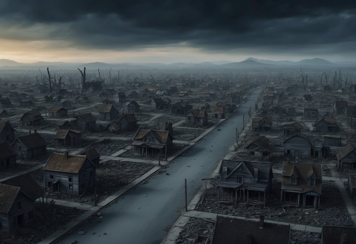 A dark, desolate landscape with scattered, abandoned homes and empty streets, evoking the devastation of the Black Plague