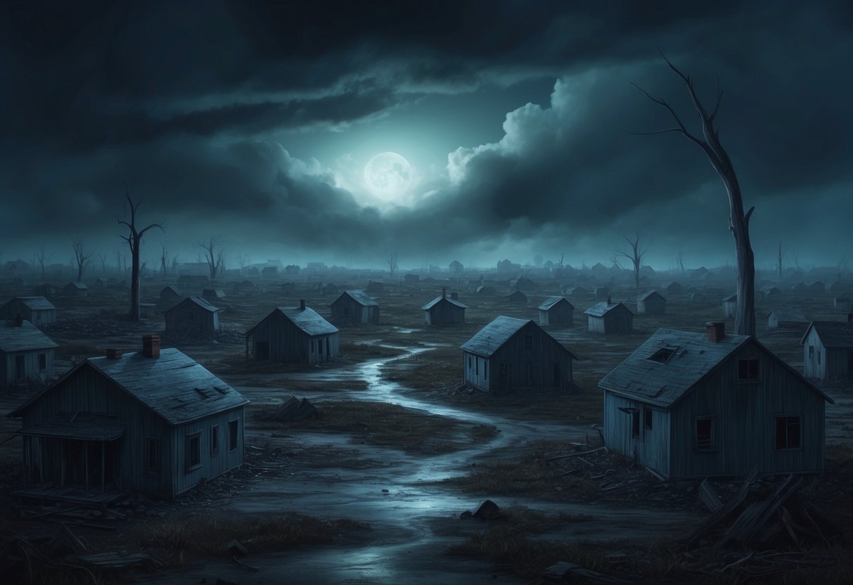 A dark, desolate landscape with scattered, empty houses and a foreboding sense of death lingering in the air