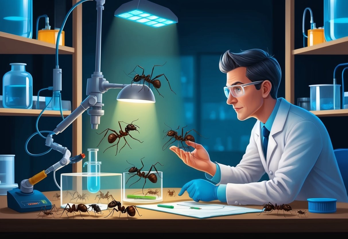 A scientist observes dracula ants in a laboratory, surrounded by equipment and specimens