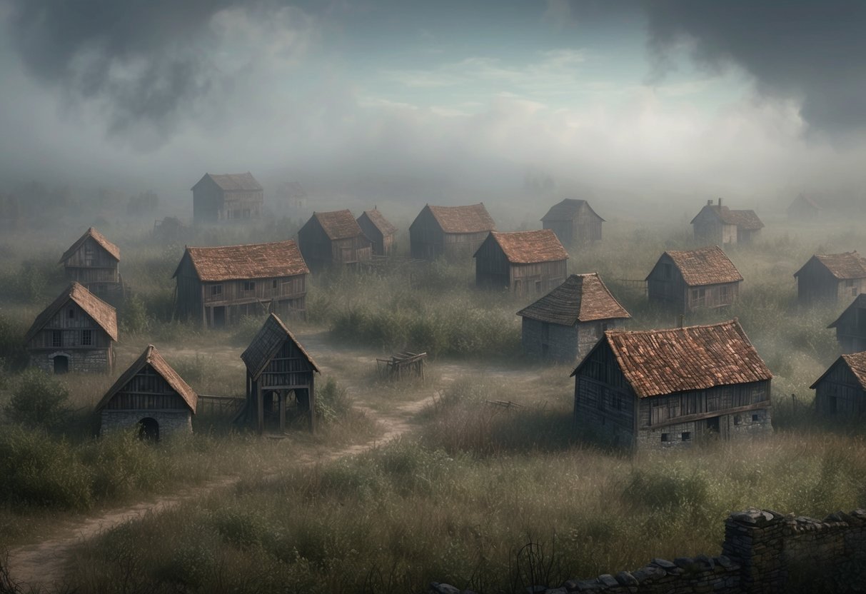 A deserted medieval village with empty houses and overgrown fields, surrounded by a dense fog