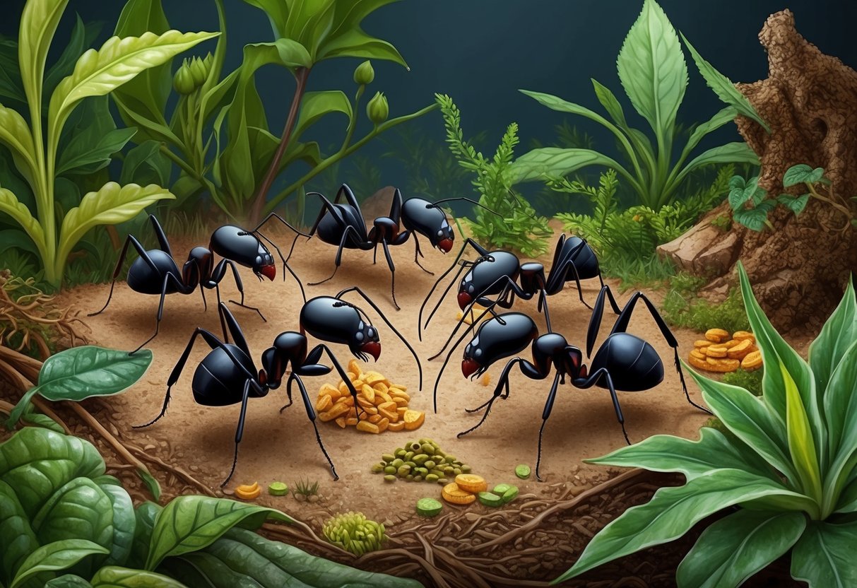 A group of dracula ants foraging for food in their natural habitat, surrounded by various plant life and potential threats