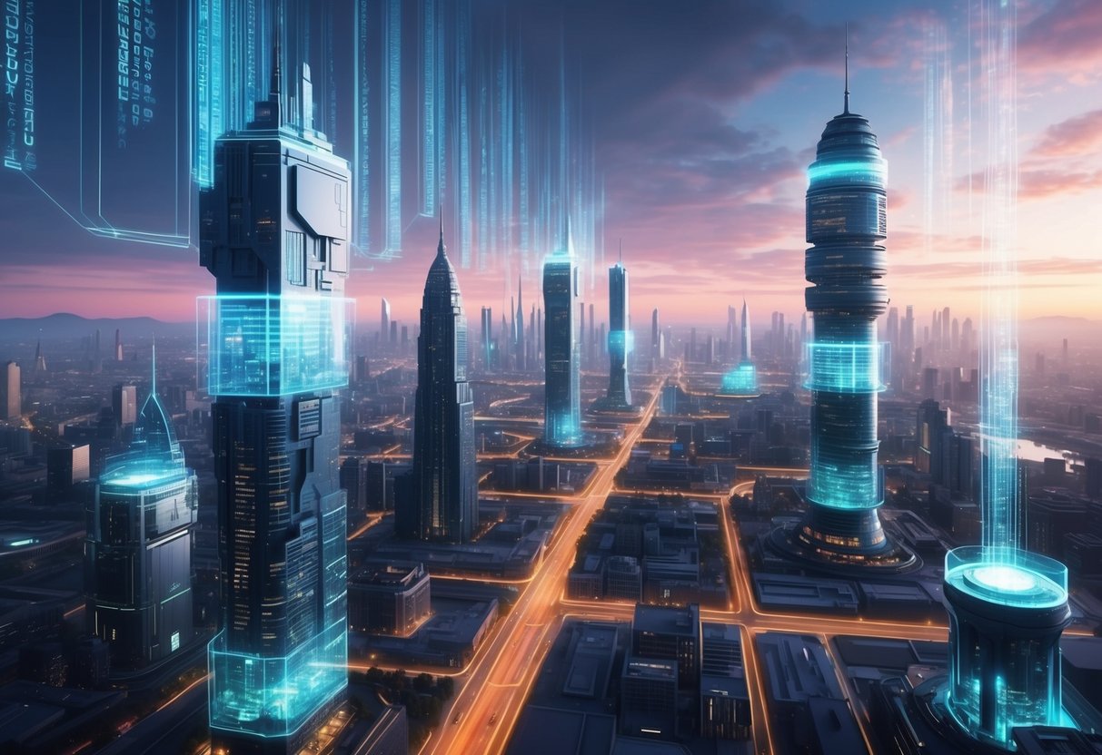 A futuristic cityscape with holographic projections and glowing data streams