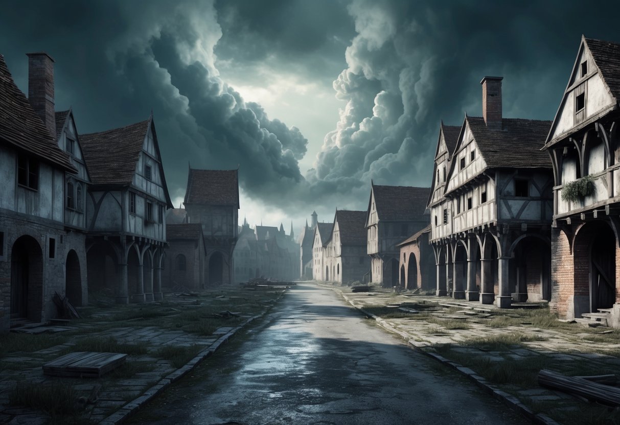 A desolate medieval town with empty streets and abandoned buildings, surrounded by ominous clouds and a sense of death lingering in the air