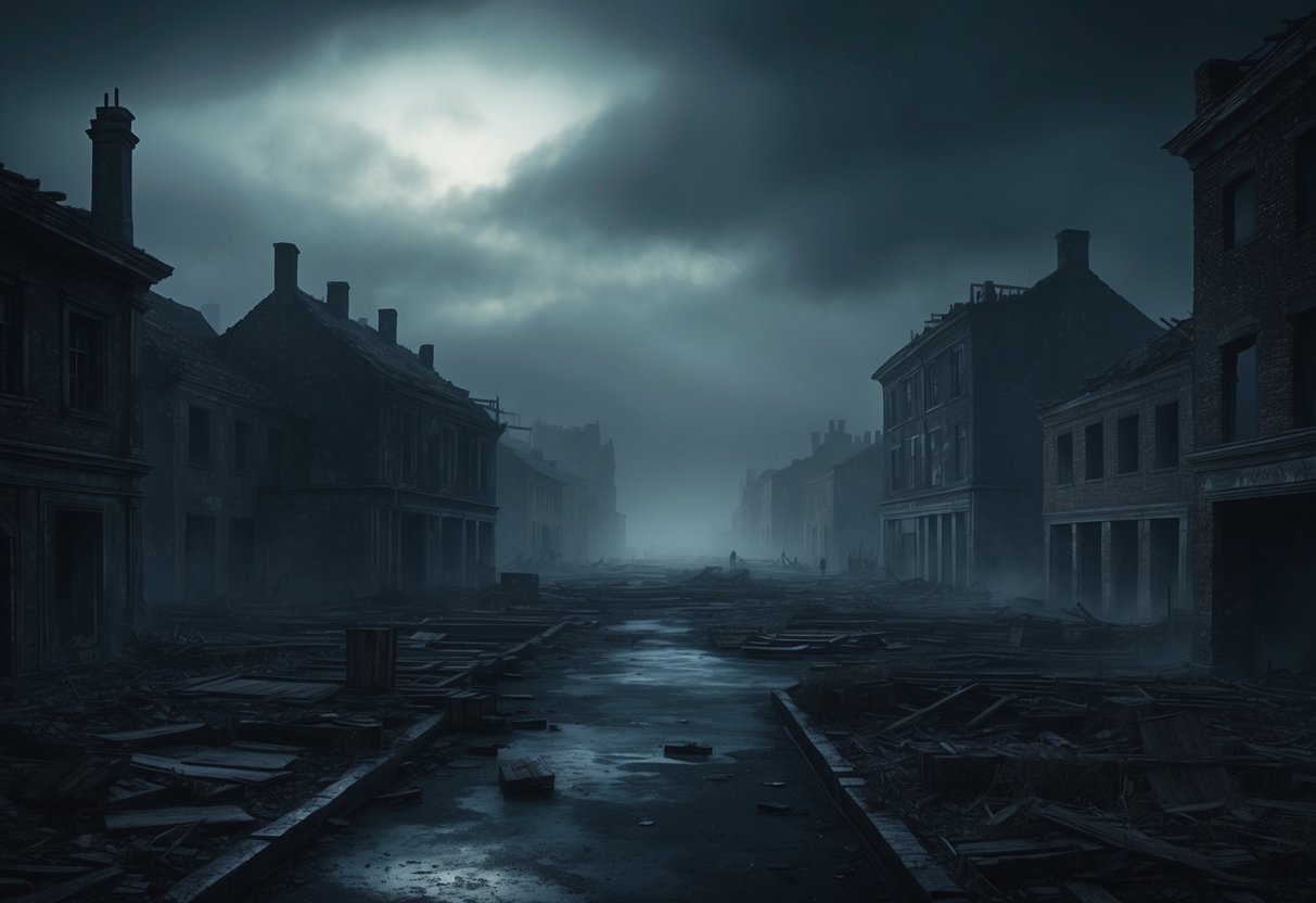 A dark, desolate landscape with empty streets and abandoned buildings, shrouded in a thick fog, evoking the fear and devastation of the black plague