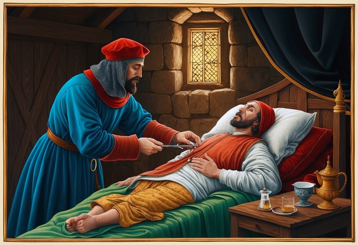 A doctor in a medieval setting treats a patient with the black plague