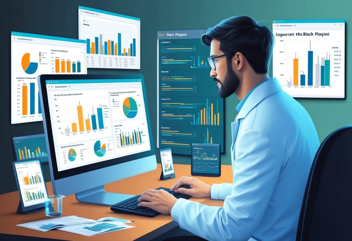 A modern scientist analyzing data on a computer screen, surrounded by charts and graphs related to the black plague