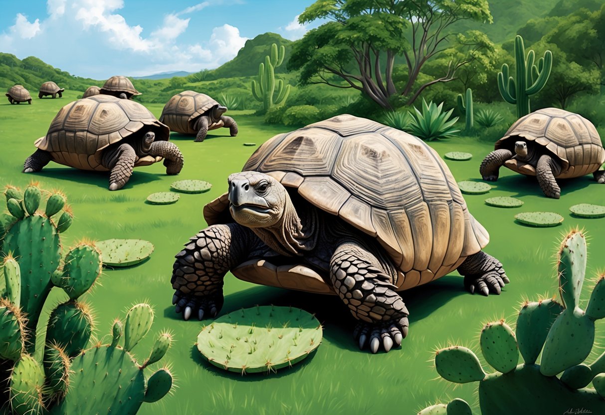 A Galapagos tortoise munches on cactus pads, surrounded by other tortoises in a lush, green landscape