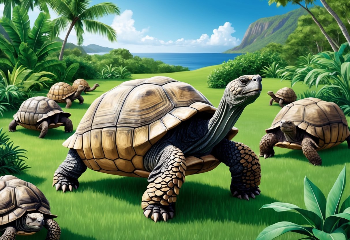 A Galapagos tortoise peacefully roaming through a lush, green landscape, surrounded by other tortoises of varying sizes and ages