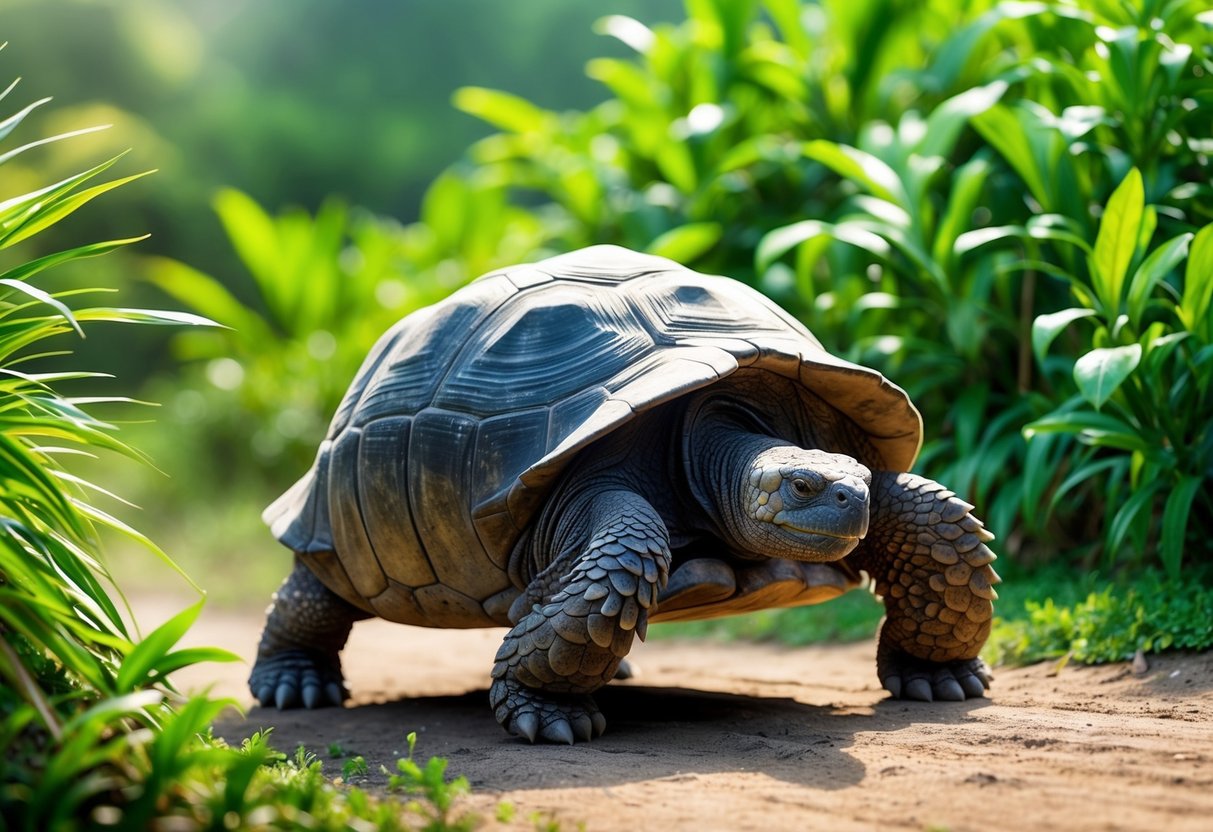 A Galapagos tortoise, with a lifespan of over 100 years, slowly wanders through the lush greenery of its natural habitat, displaying its characteristic calm and deliberate movements