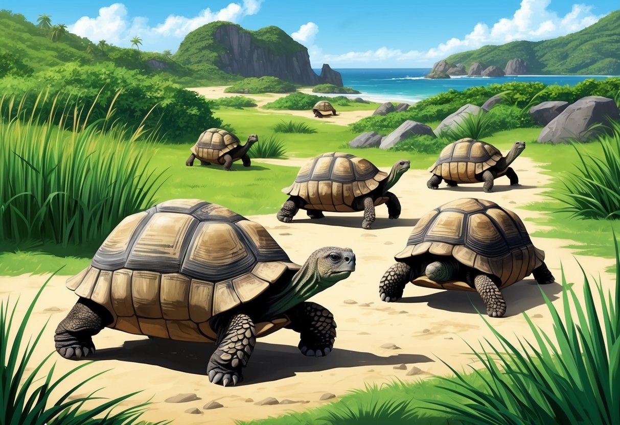 A group of Galapagos tortoises roaming in a lush, green habitat, with a mix of rocky terrain and tall grasses