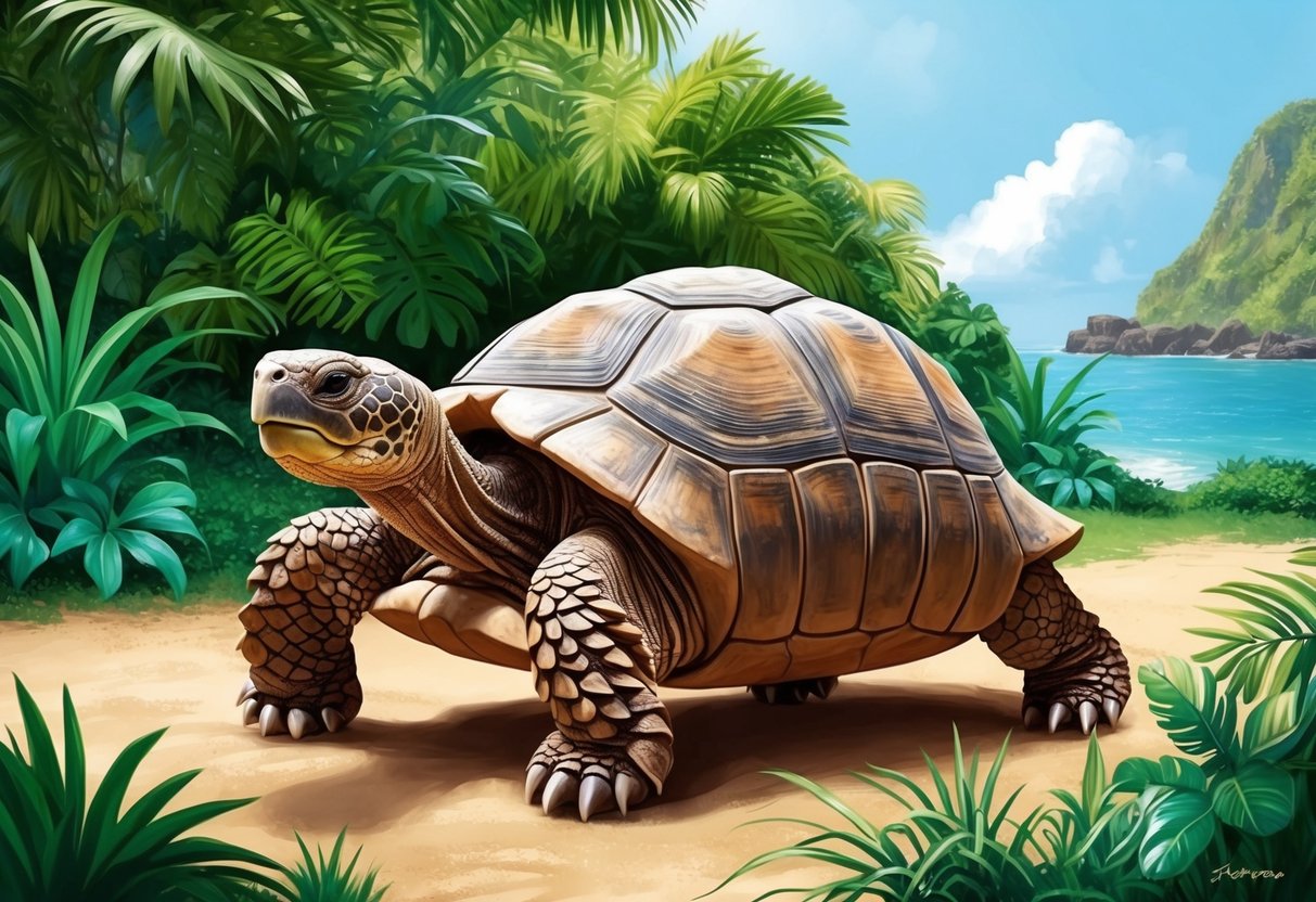 A Galapagos tortoise peacefully roaming in its natural habitat, surrounded by lush greenery and a serene atmosphere