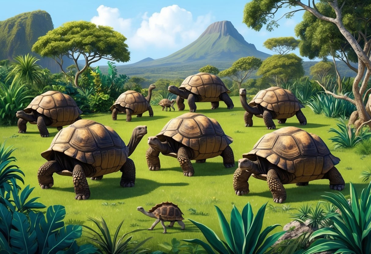 A group of Galápagos tortoises roam through a lush, diverse ecosystem, grazing on vegetation and interacting with other wildlife